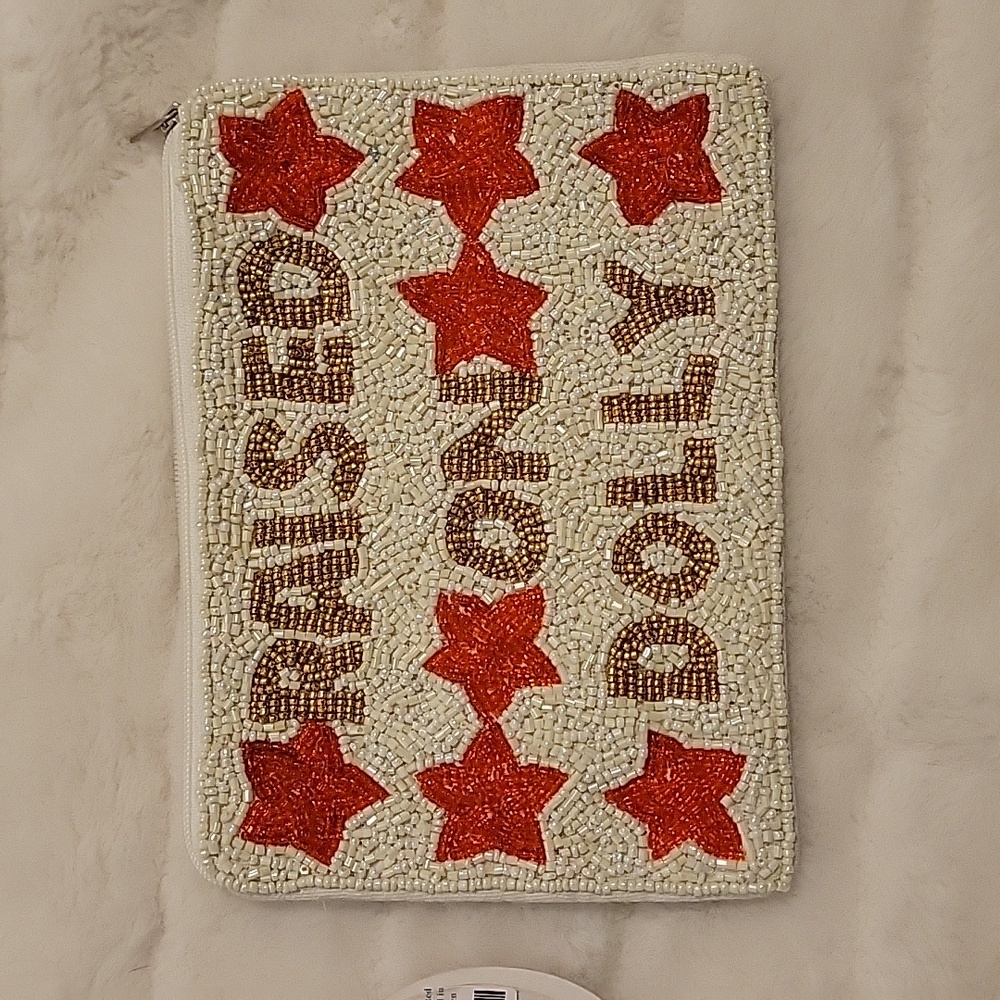Hand beaded zipper pouch, NWT